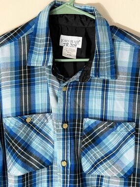 John Blair Lined Flannel Shirt Jacket Mens Medium Blue Plaid Button Front